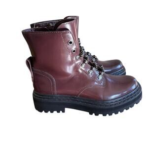 Vince Camuto Popinta Combat Boots Women’s 6.5 M (37) Burgundy Leather Chain Lug